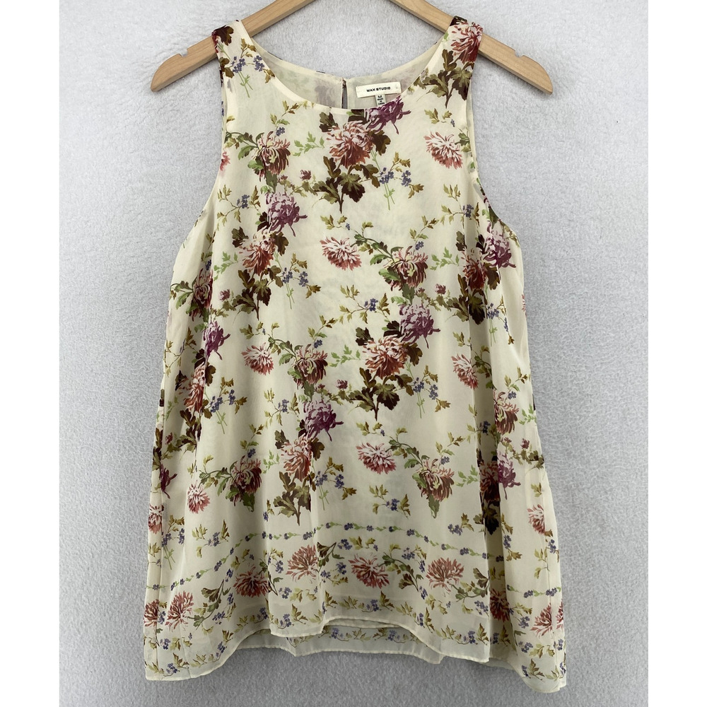 MAX STUDIO Top M Chiffon Double Layer Floral Tunic Sleeveless Blouse Off White